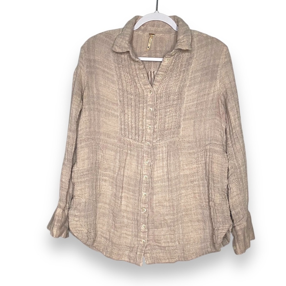 Free People Beige Tan Button Up Collared Pleated Flannel Shirt Size S Neutral